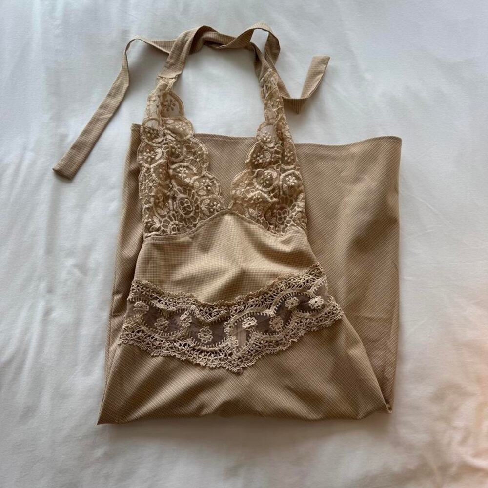 Liondess tan lace halter dress